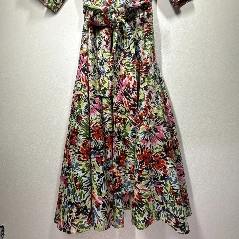 JG Hook Midi Dress Size 10 Linen Faux Wrap Multicolor Abstract Floral Belted - Picture 7 of 16